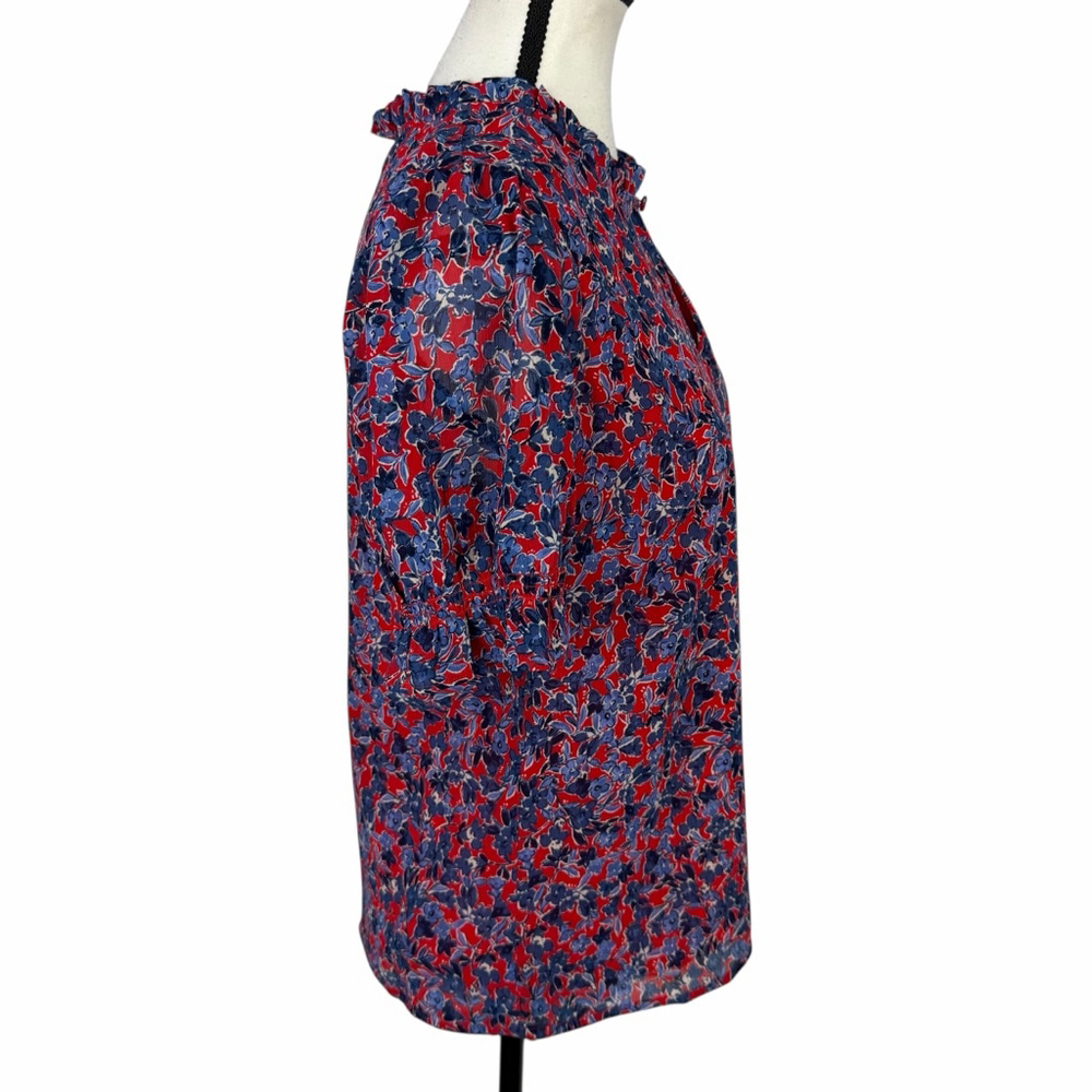 J.Crew Red Blue Floral Top Cottagecore Romantic Boho Soft Academia ShortSleeve S - Picture 3 of 11